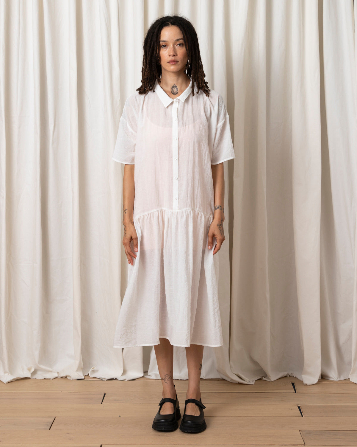 VISCOSE COLLARED DRESS - BONE