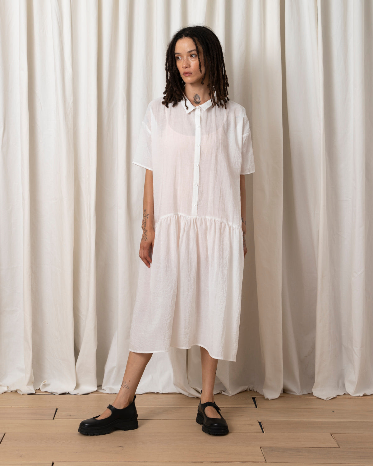 VISCOSE COLLARED DRESS - BONE