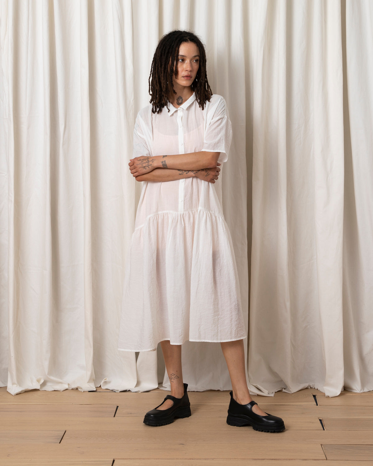 VISCOSE COLLARED DRESS - BONE