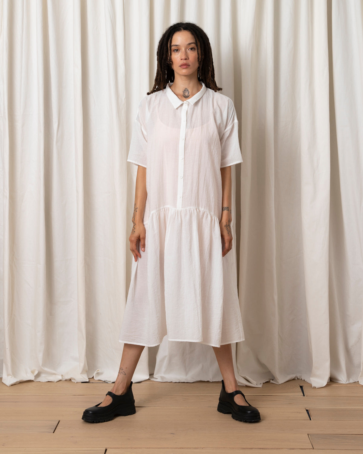 VISCOSE COLLARED DRESS - BONE