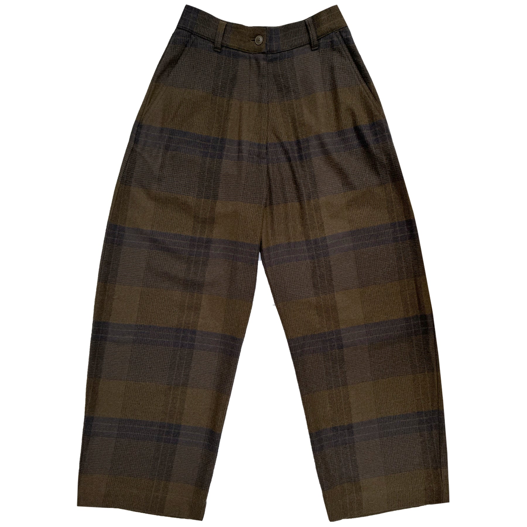 WOOL LOOSE BARREL PANT - OLIVE/NAVY PLAID