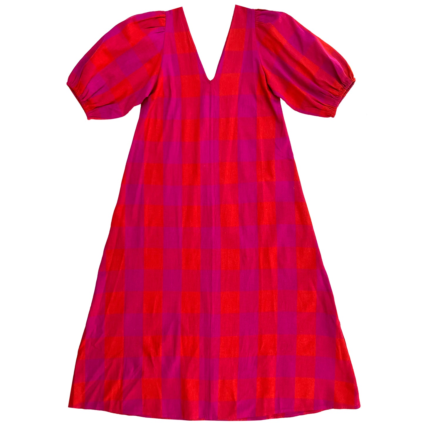 DOUBLE V-NECK MAXI DRESS - POPPY/PINK PLAID