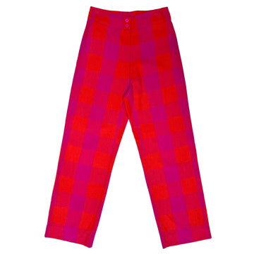SILK FLY FRONT PANT W/ POCKETS - POPPY/PINK PLAID