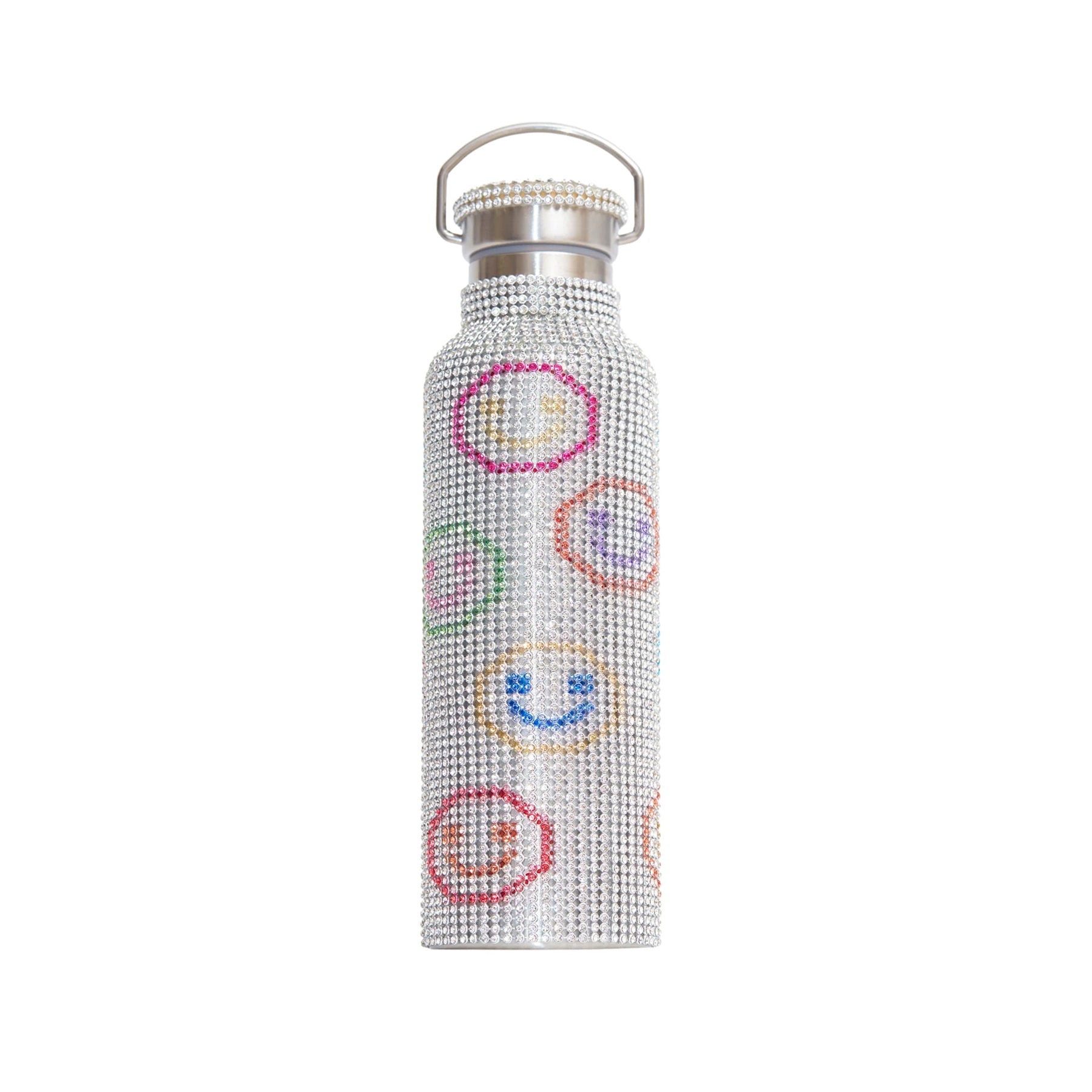 RHINESTONE WATER BOTTLE - RAINBOW SMILEY FACE