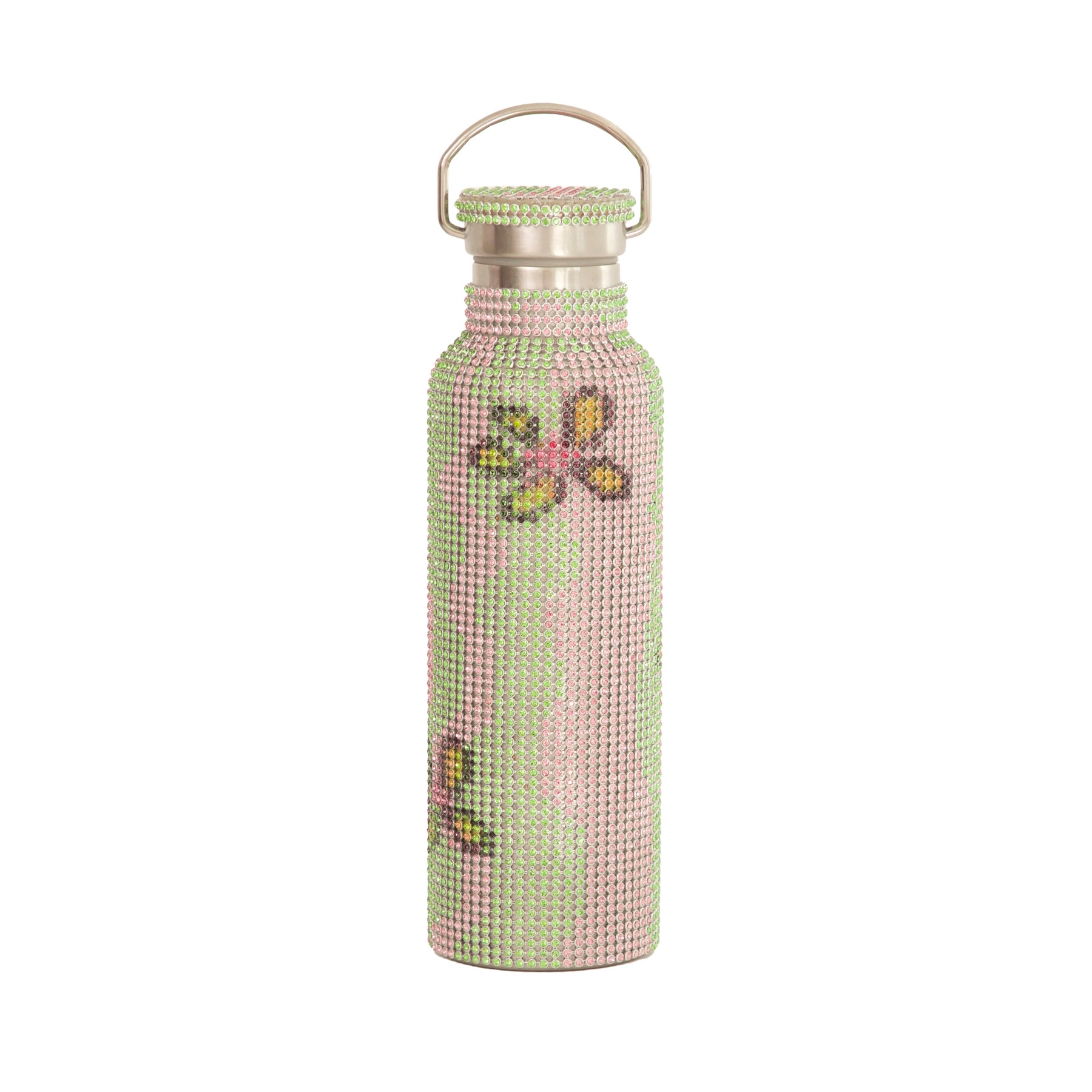 RHINESTONE WATER BOTTLE - LIME WAVY FLOWER