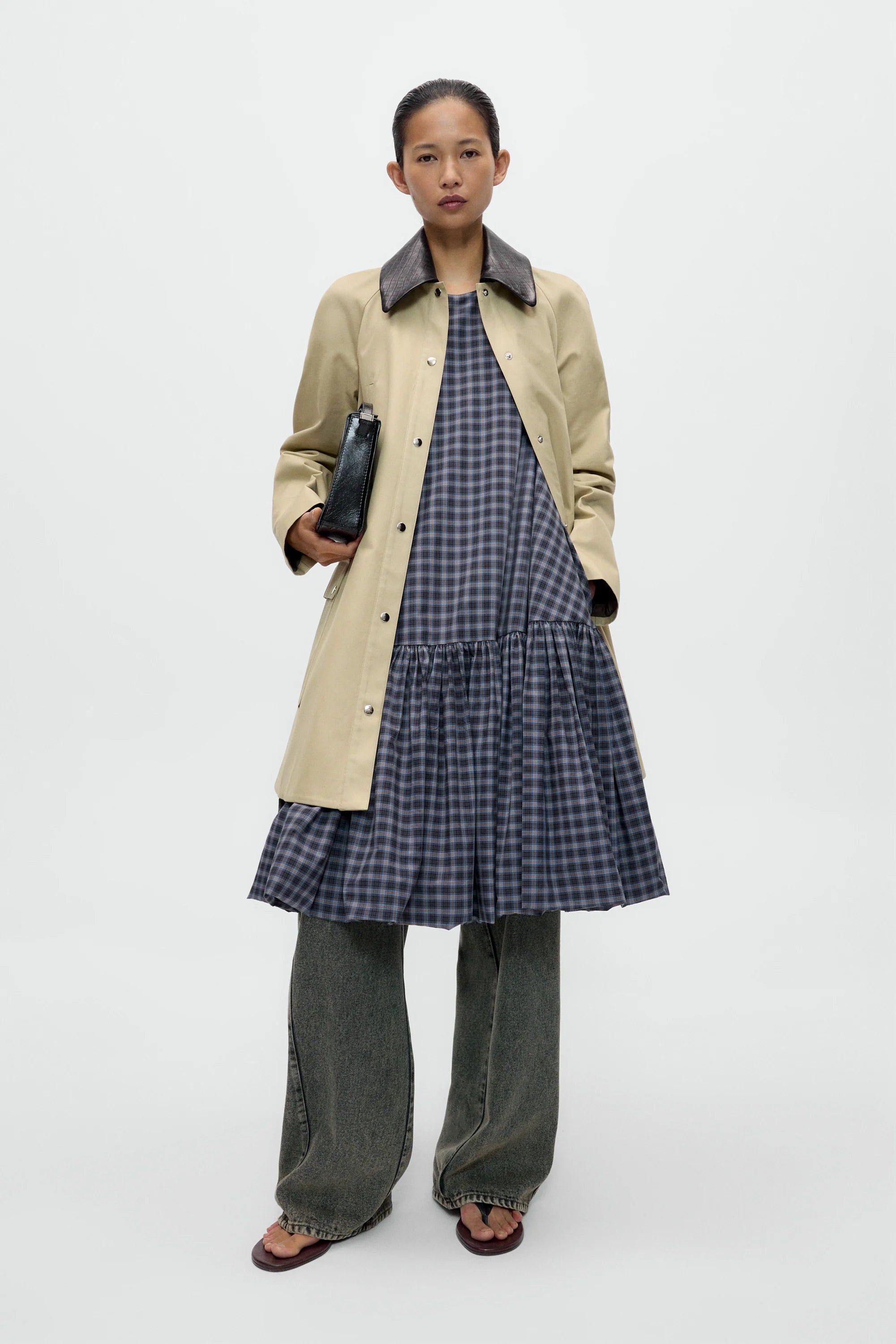 CHECKED BALLOON DRESS - NAVY/ORANGE