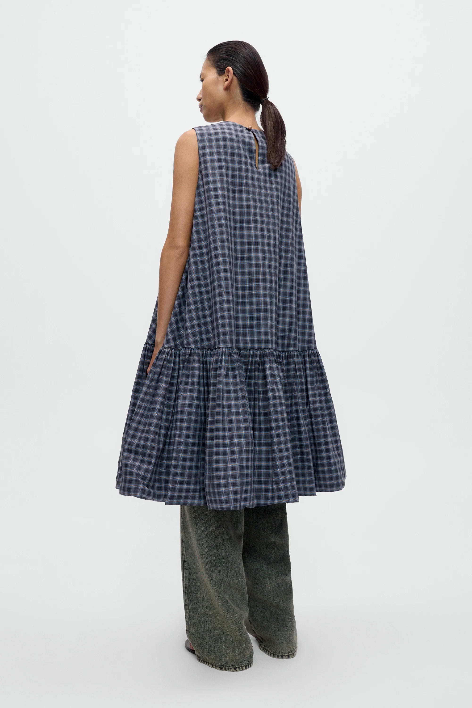 CHECKED BALLOON DRESS - NAVY/ORANGE