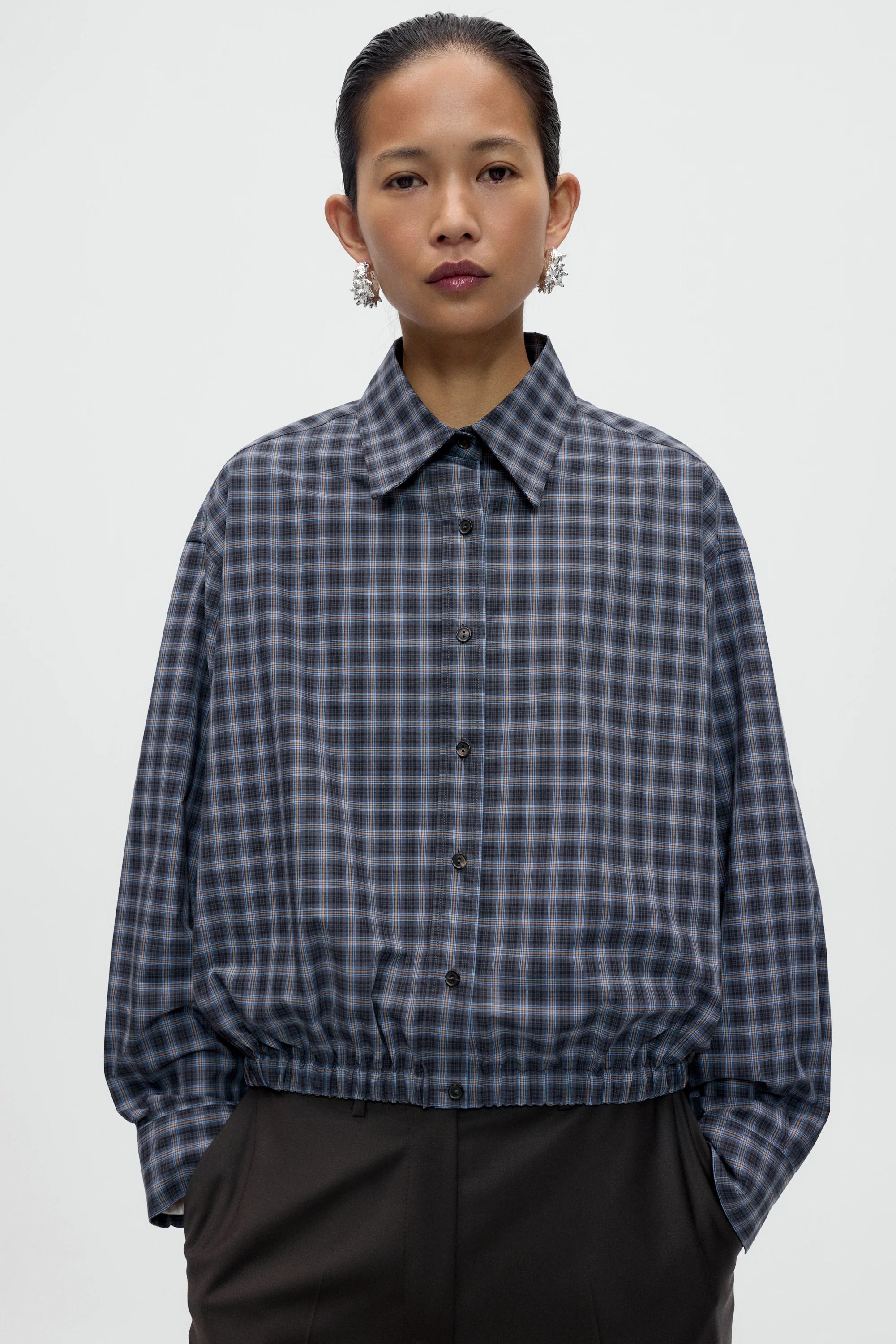 CHECKED BOMBER SHIRT - NAVY/ORANGE