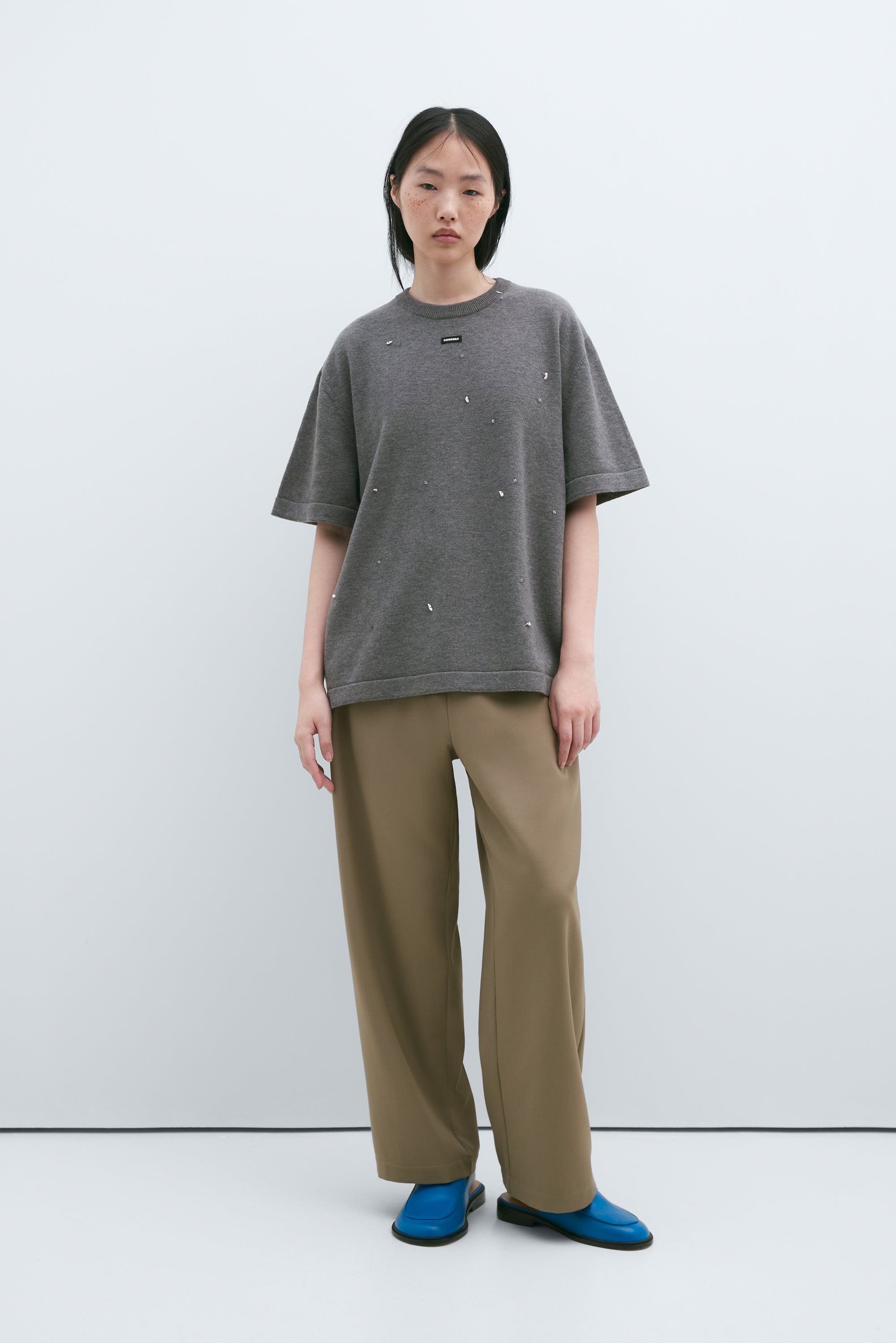 MERINO WOOL BEADED T-SHIRT - GRAY