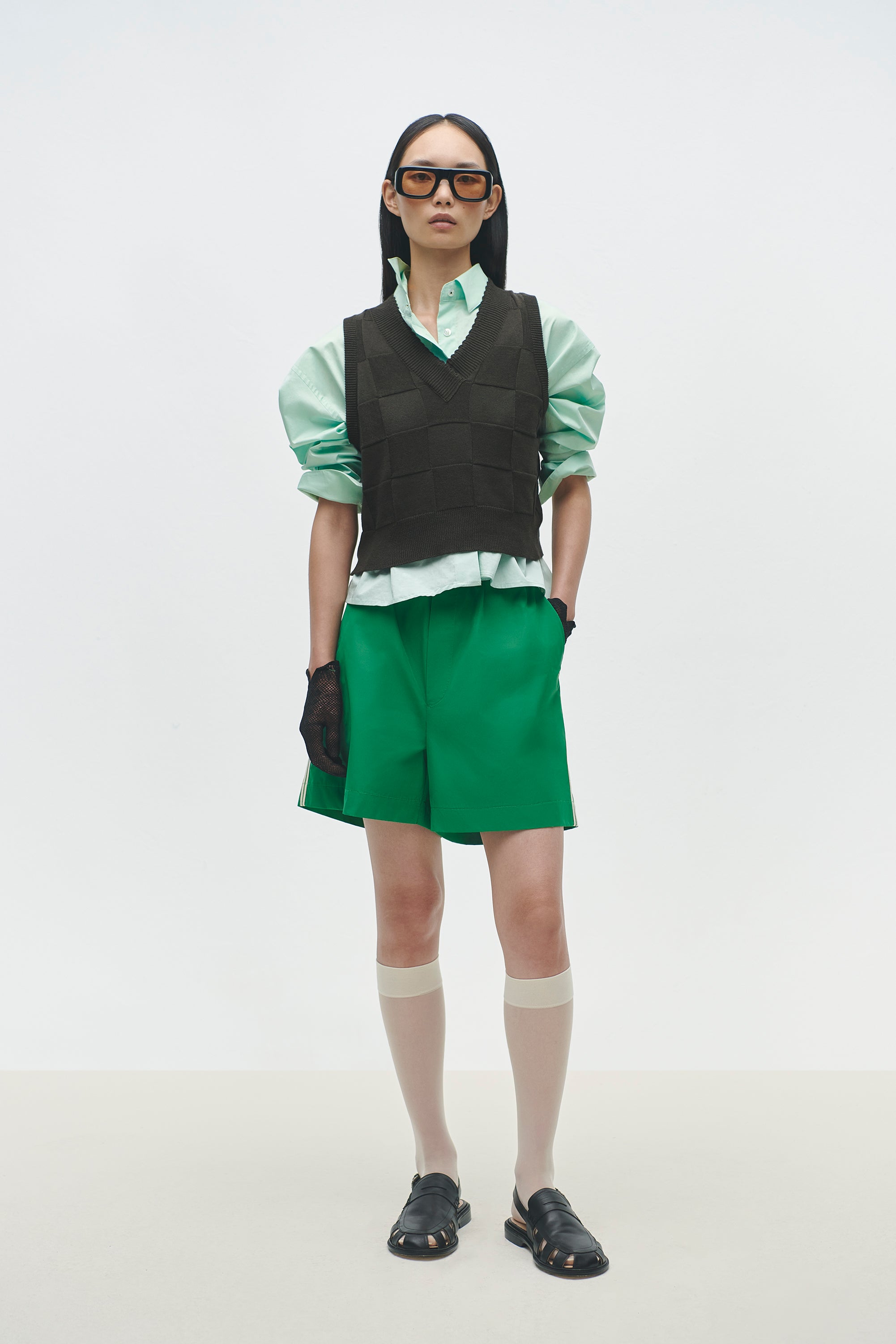 CHECKERED COTTON & CASHMERE WAISTCOAT - DARK MOSS