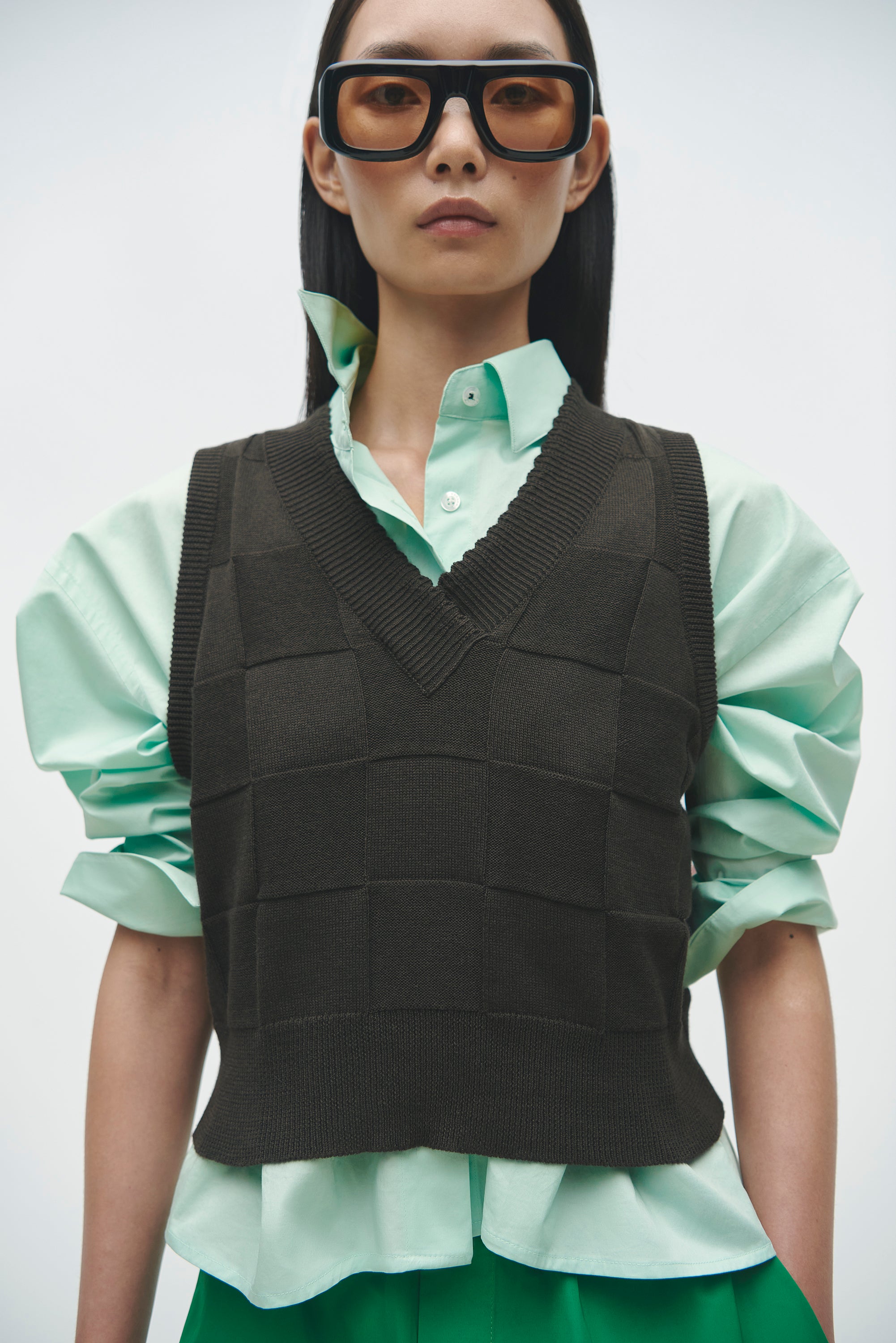 CHECKERED COTTON & CASHMERE WAISTCOAT - DARK MOSS