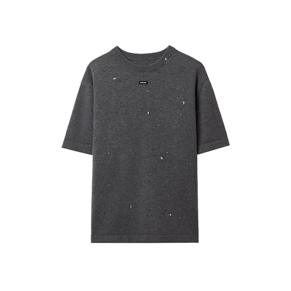 MERINO WOOL BEADED T-SHIRT - GRAY