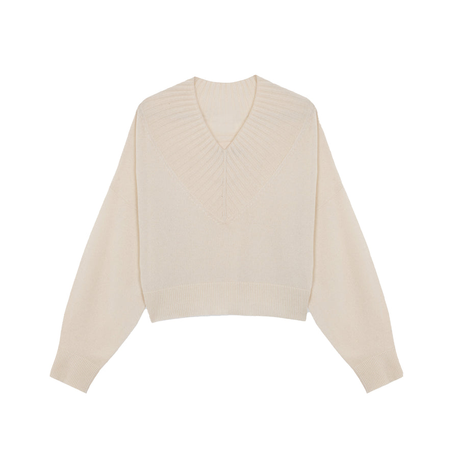 CASHMERE RIBBED NECK SWEATER - NATURAL