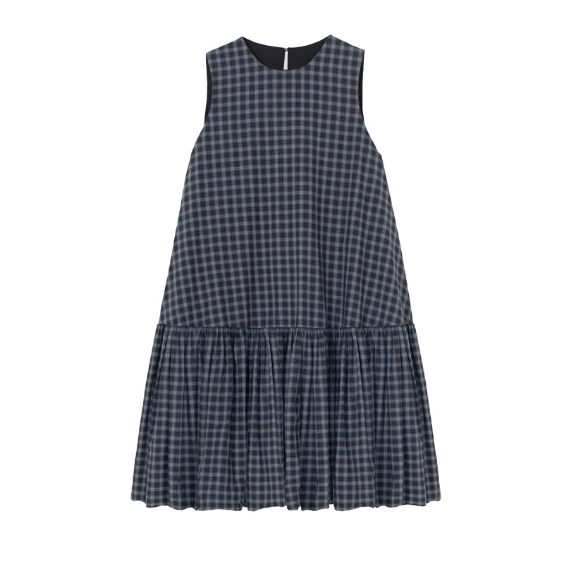 CHECKED BALLOON DRESS - NAVY/ORANGE