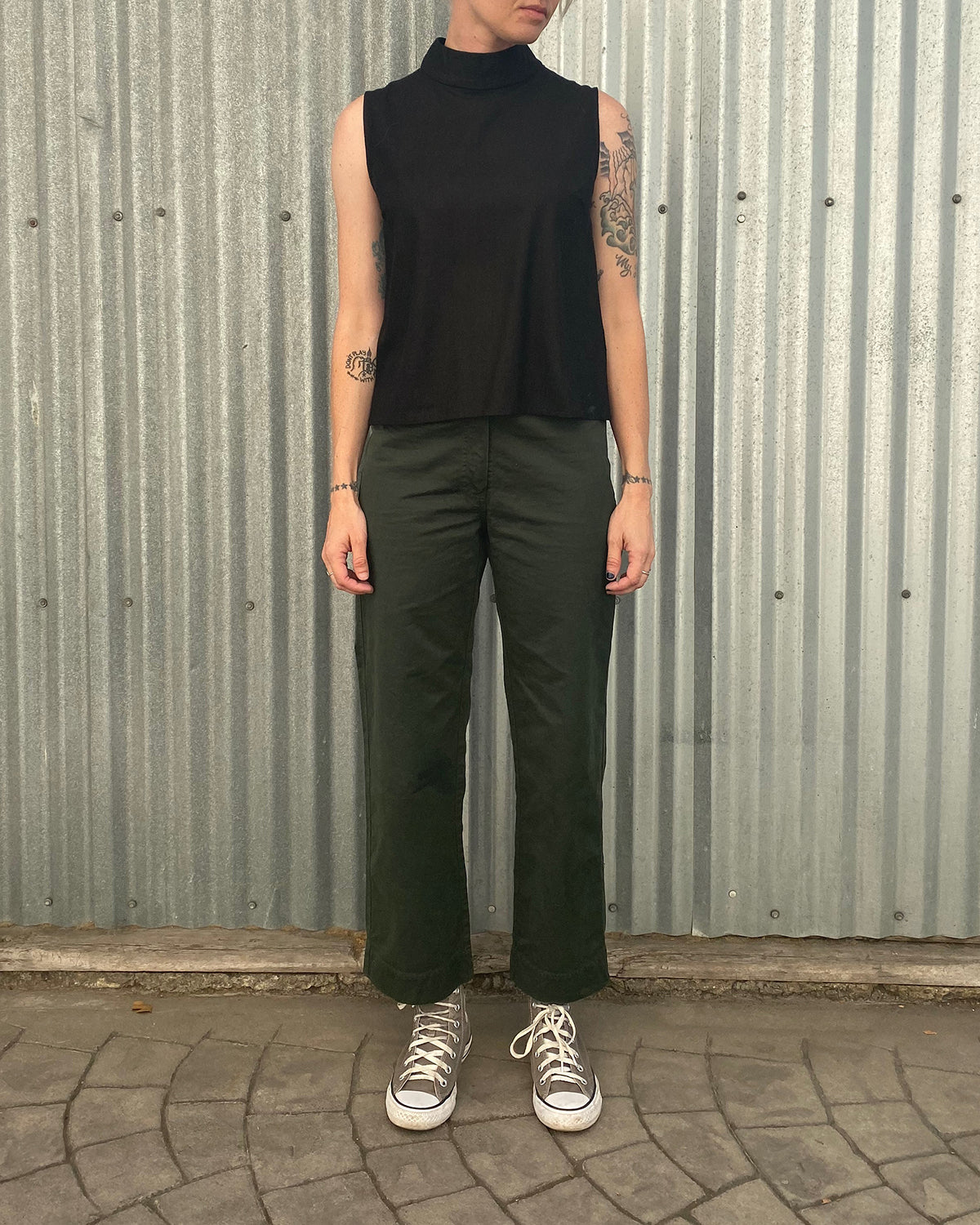 cotton wide leg fly front pant hunter green