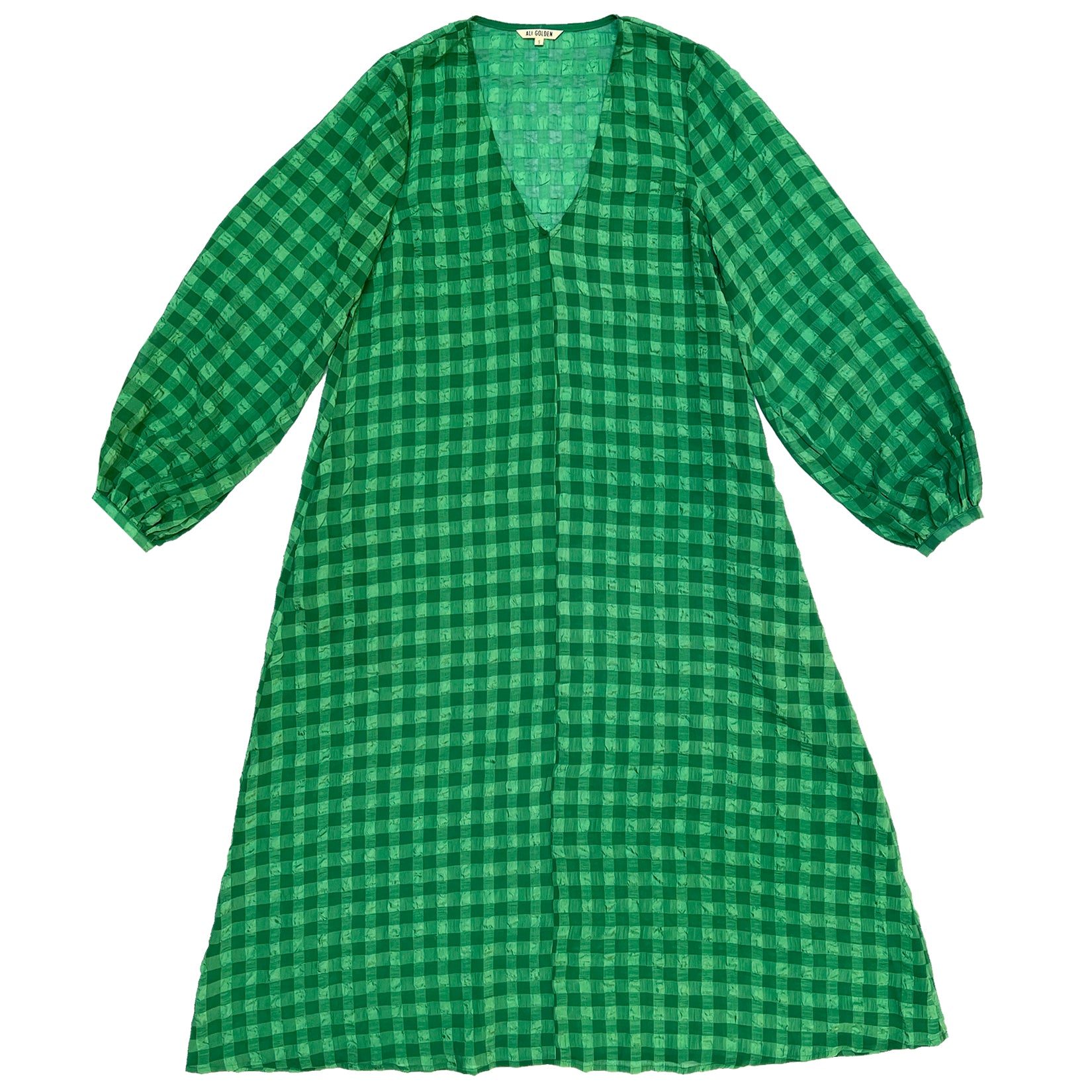 LONG SLEEVE V-NECK DRESS - KELLY GREEN CHECK