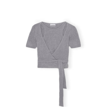 BRUSHED ALPACA SHORT SLEEVE WRAP BLOUSE - FROST GRAY