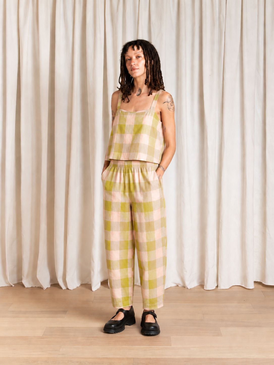 ELASTIC PANT - LIME GREEN/LIGHT PINK WINDOWPANE