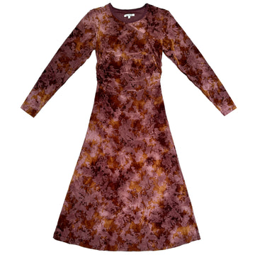 FITTED LS FLOCKED DRESS - RUST/MUSTARD