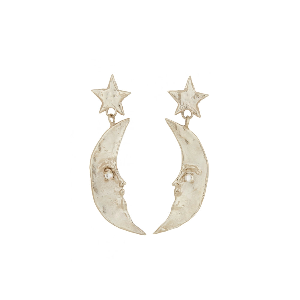 MOON EARRINGS - WHITE BRONZE W/ GLASS MOONSTONE