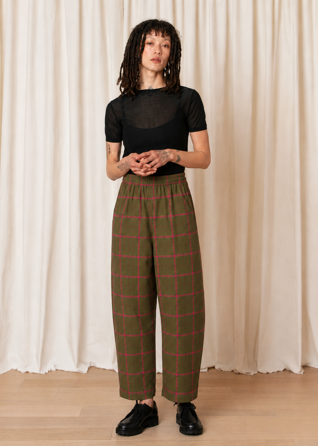 ELASTIC PANT - OLIVE/FUCHSIA WINDOWPANE
