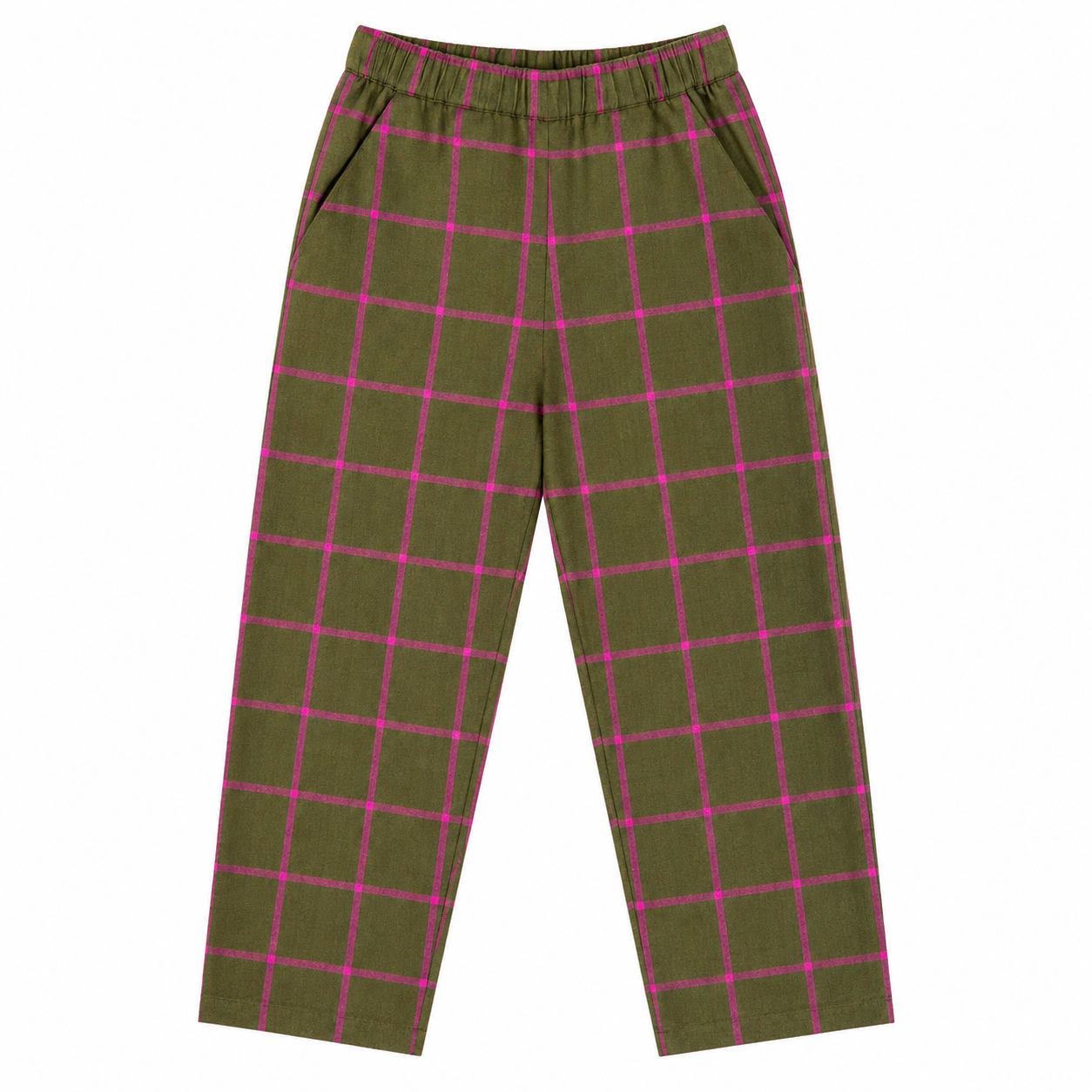 ELASTIC PANT - OLIVE GREEN/FUCHSIA WINDOWPANE