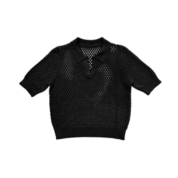 OPEN KNIT COLLARED TOP - BLACK