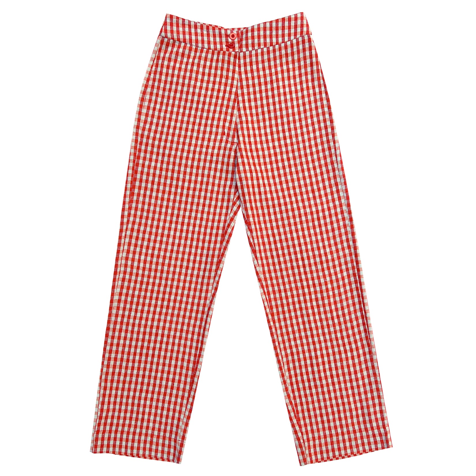 SILK FLY FRONT PANT W/ POCKETS - POPPY/ICE GINGHAM