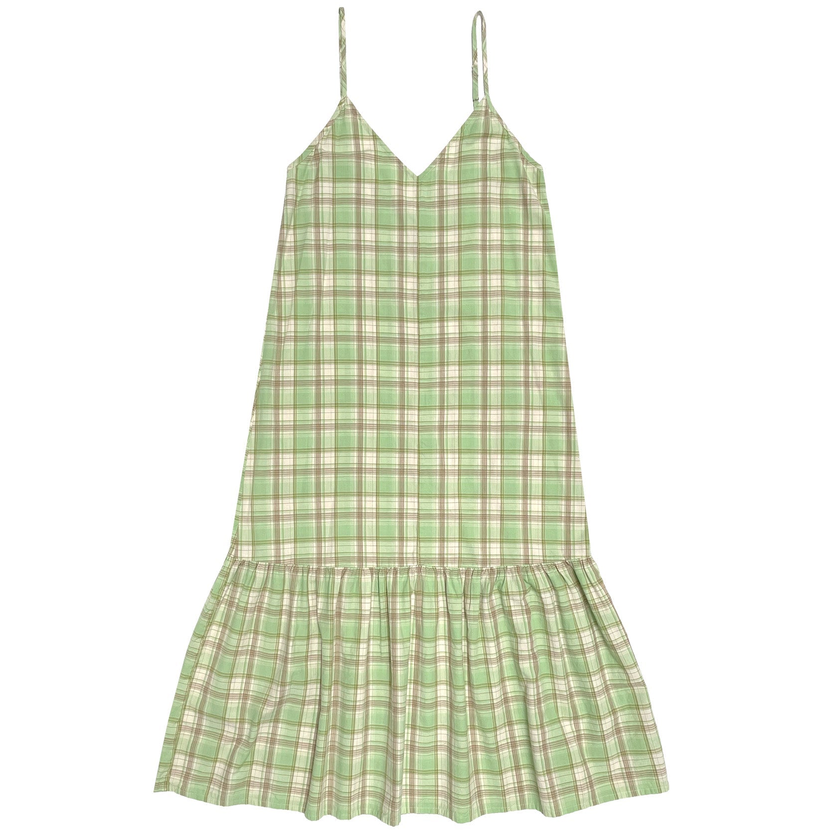 SAMPLE - SLIP DRESS W/ RUFFLE - LIME PLAID