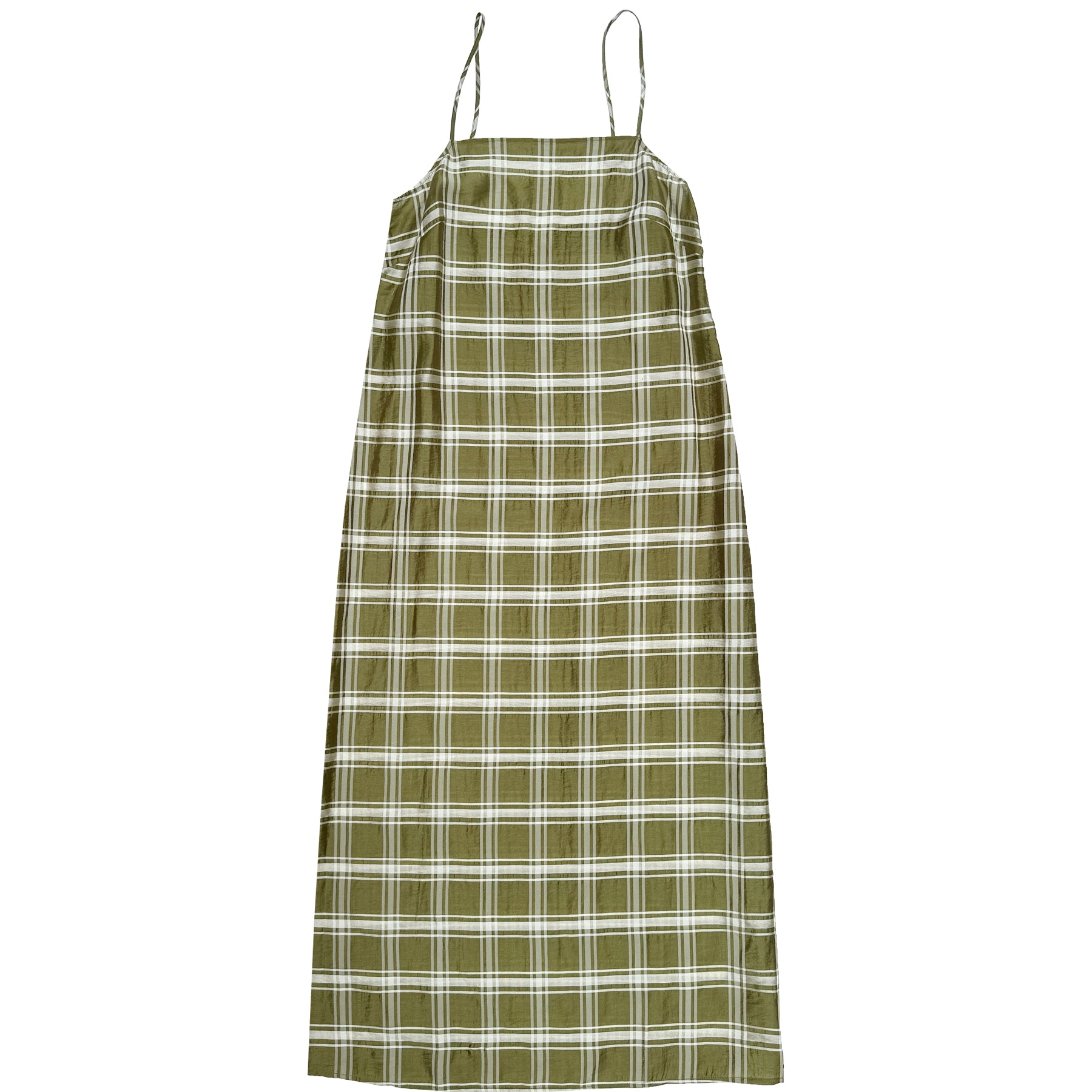 SQUARE NECK SLIP DRESS - OLIVE PLAID