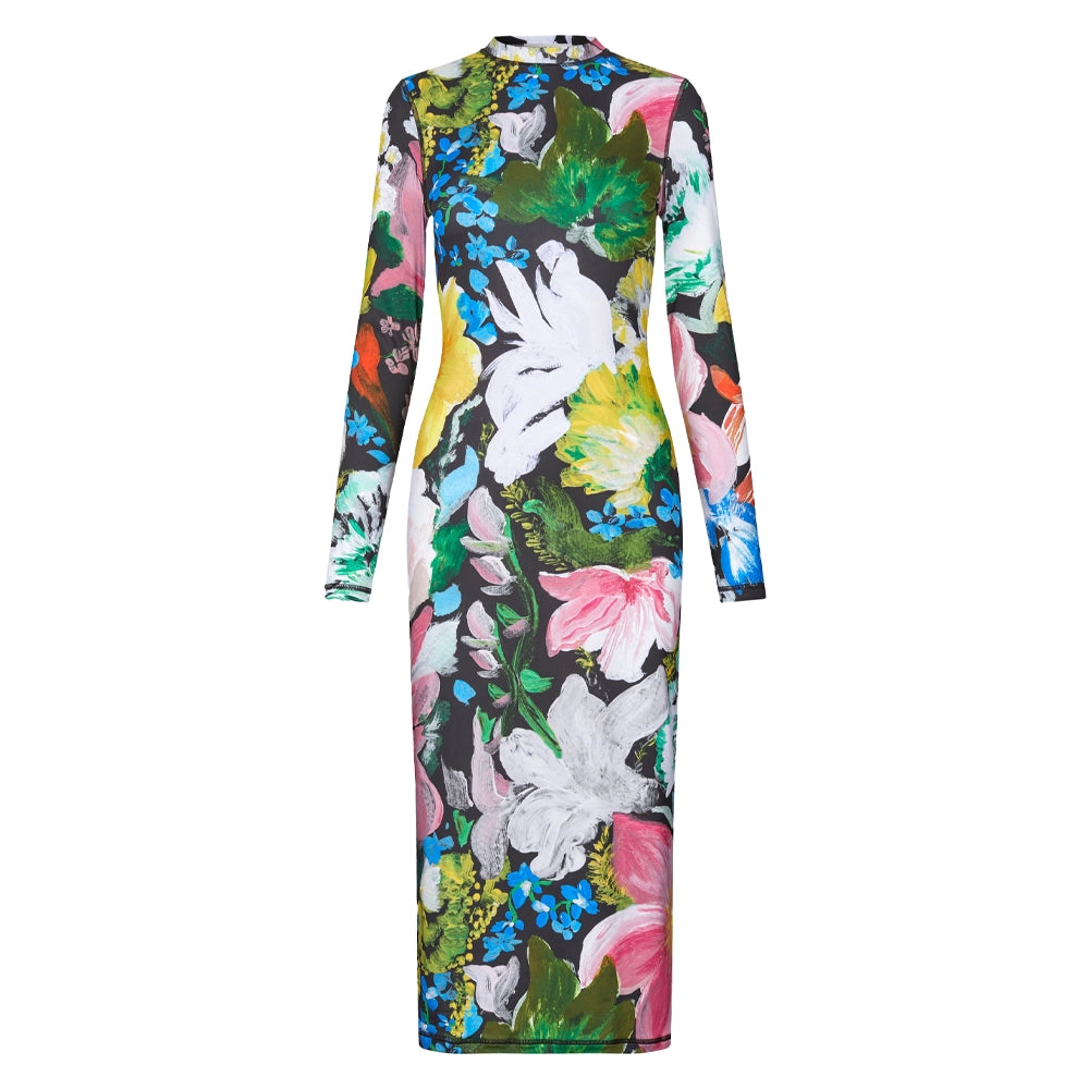 PULLOVER LONG SLEEVE MIDI DRESS - FLOWERS UNDER THE SUN