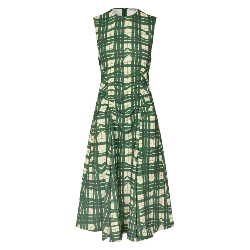 SLEEVELESS GATHERED MIDI DRESS - CHECKERED WAVE