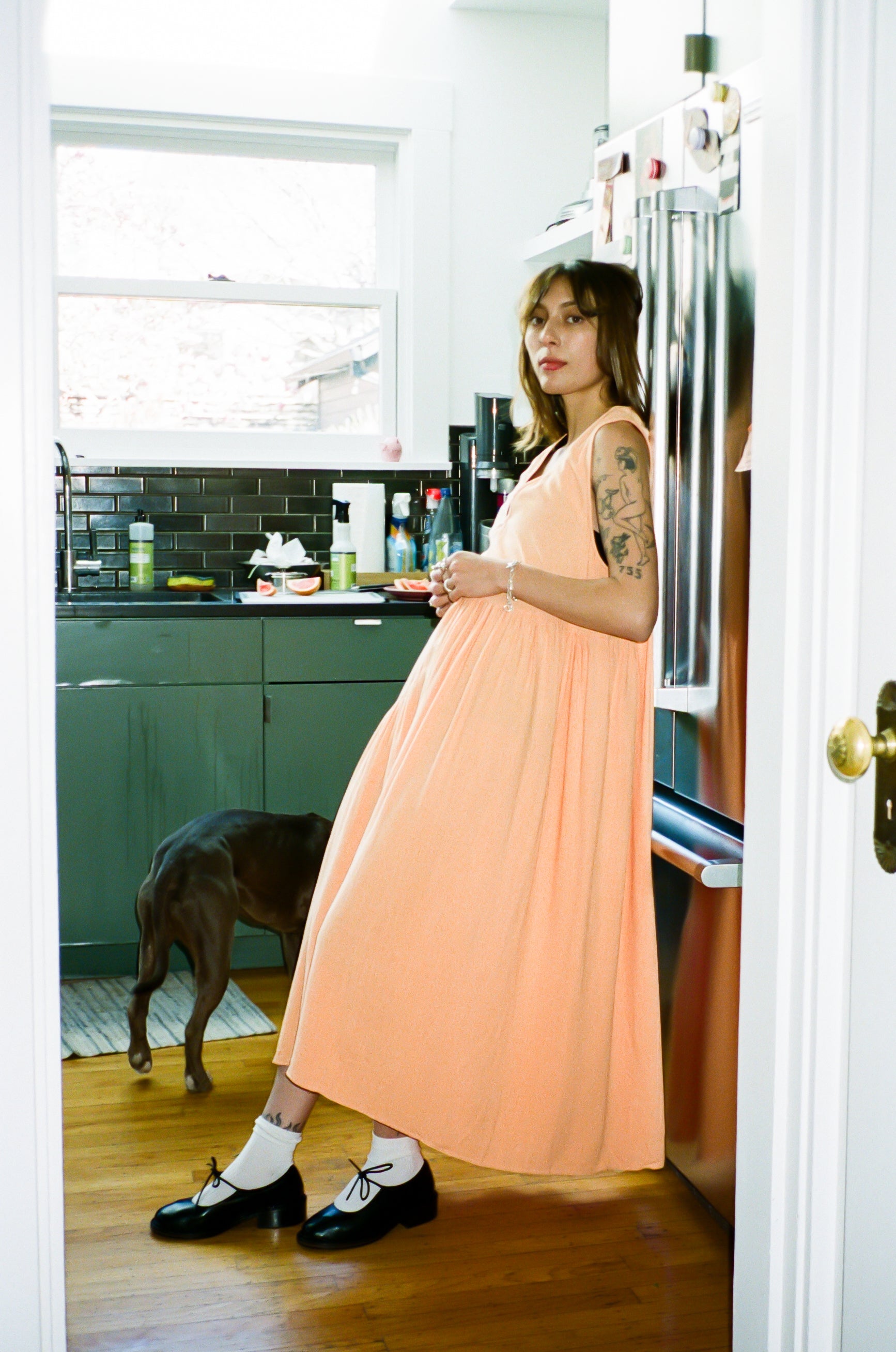 SAMPLE - V-NECK DRESS W/ GATHERS - SHERBET