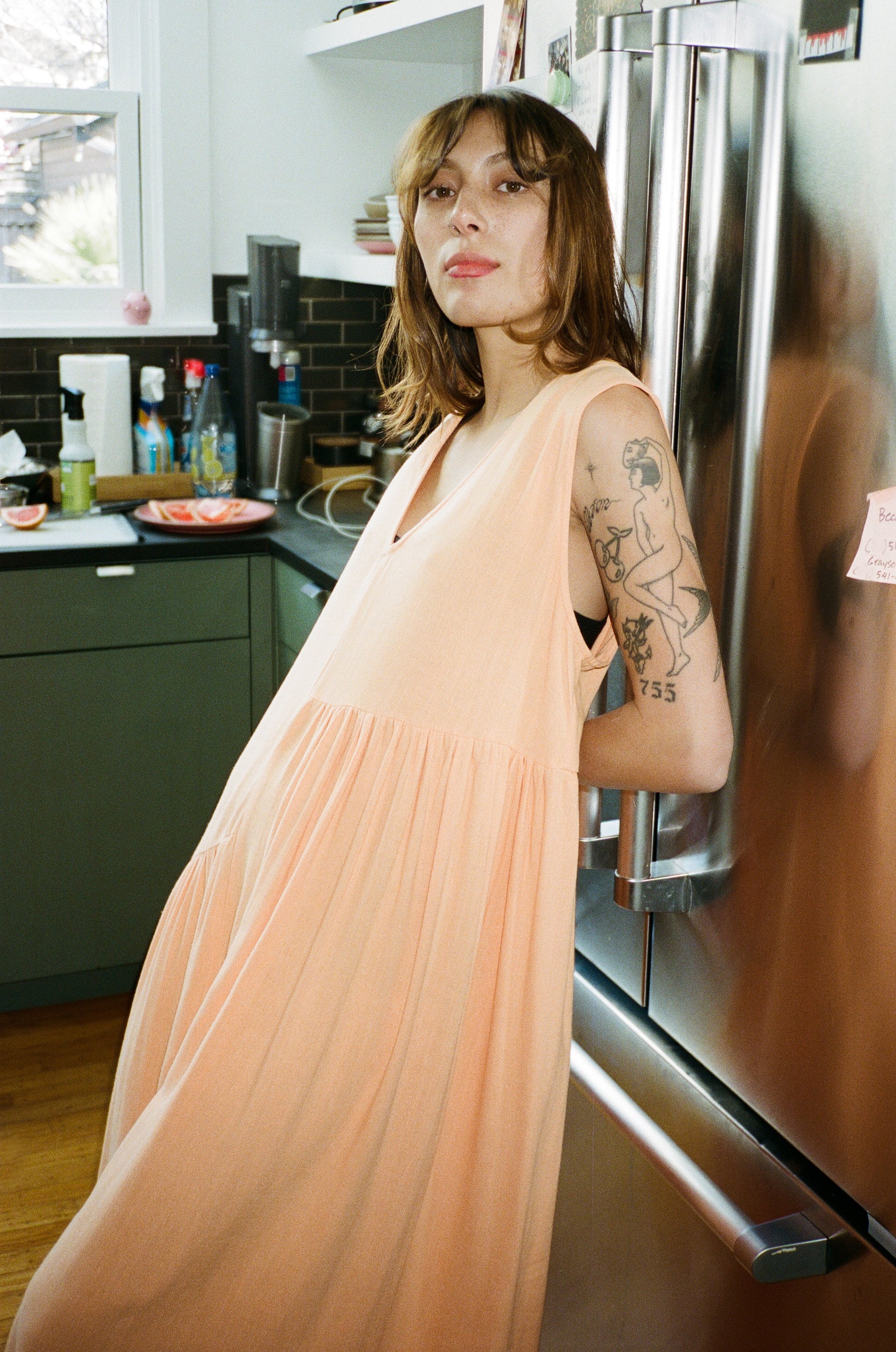 SAMPLE - V-NECK DRESS W/ GATHERS - SHERBET