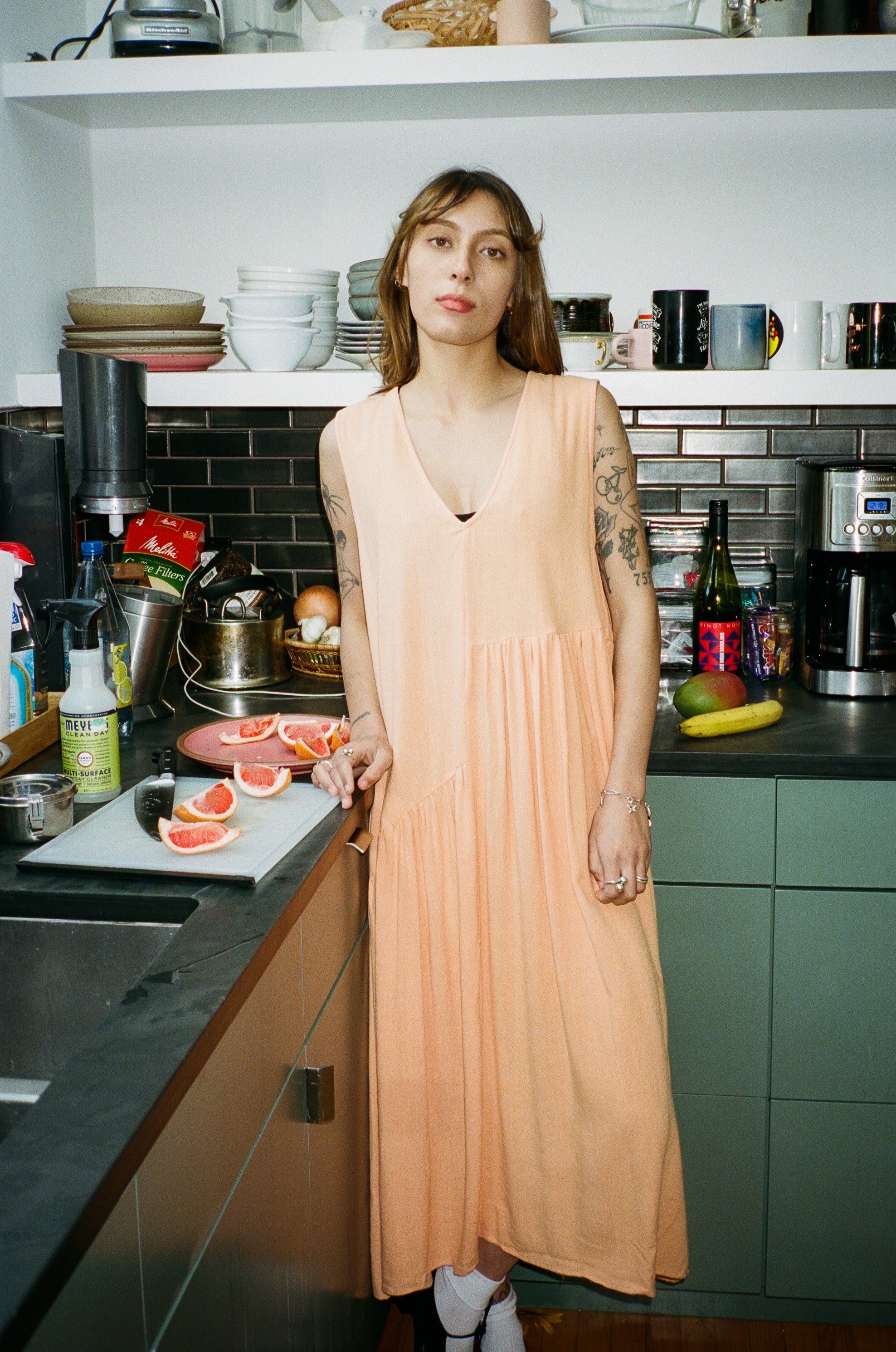 SAMPLE - V-NECK DRESS W/ GATHERS - SHERBET