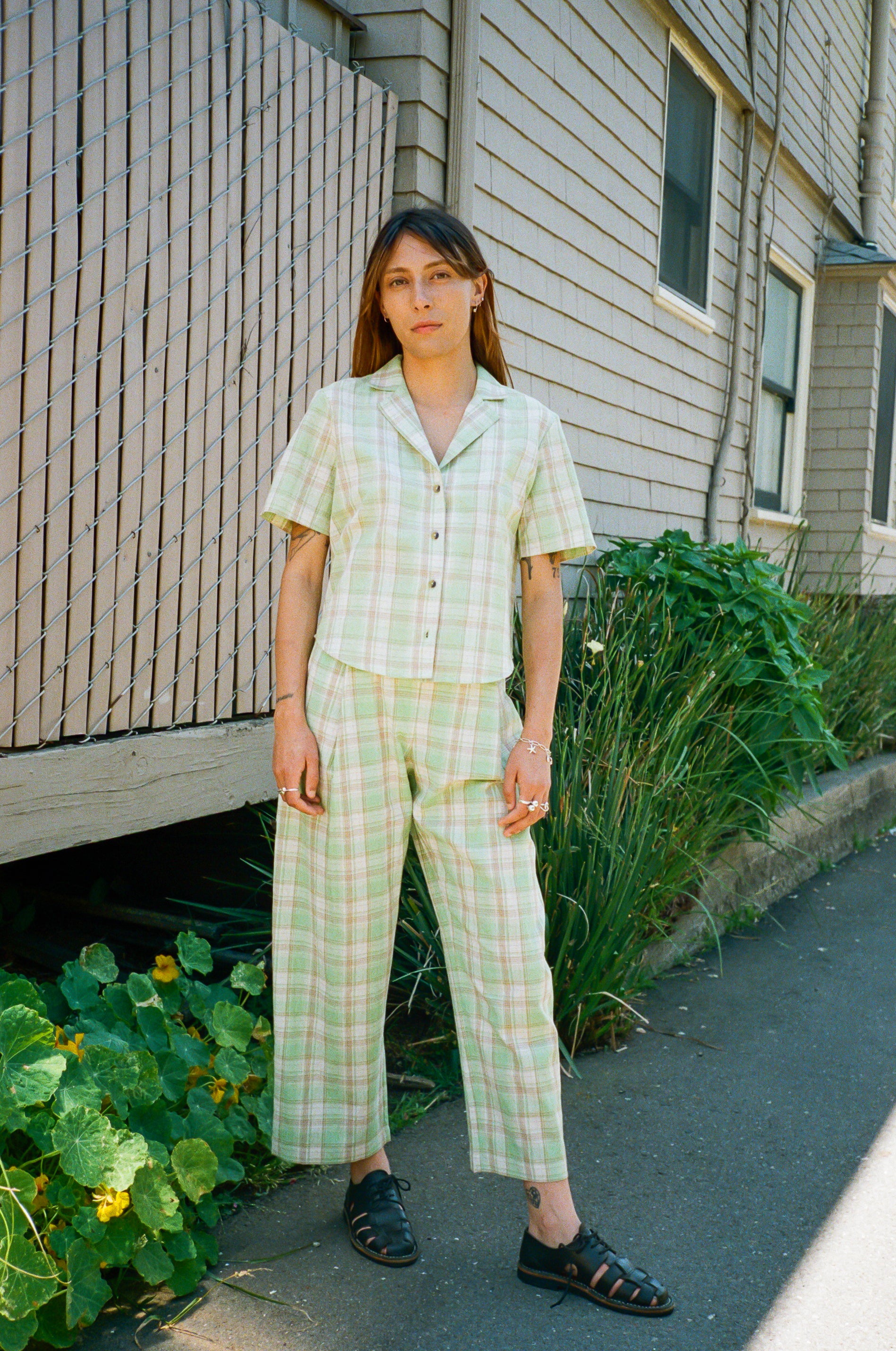 PLEATED PANT - LIME PLAID