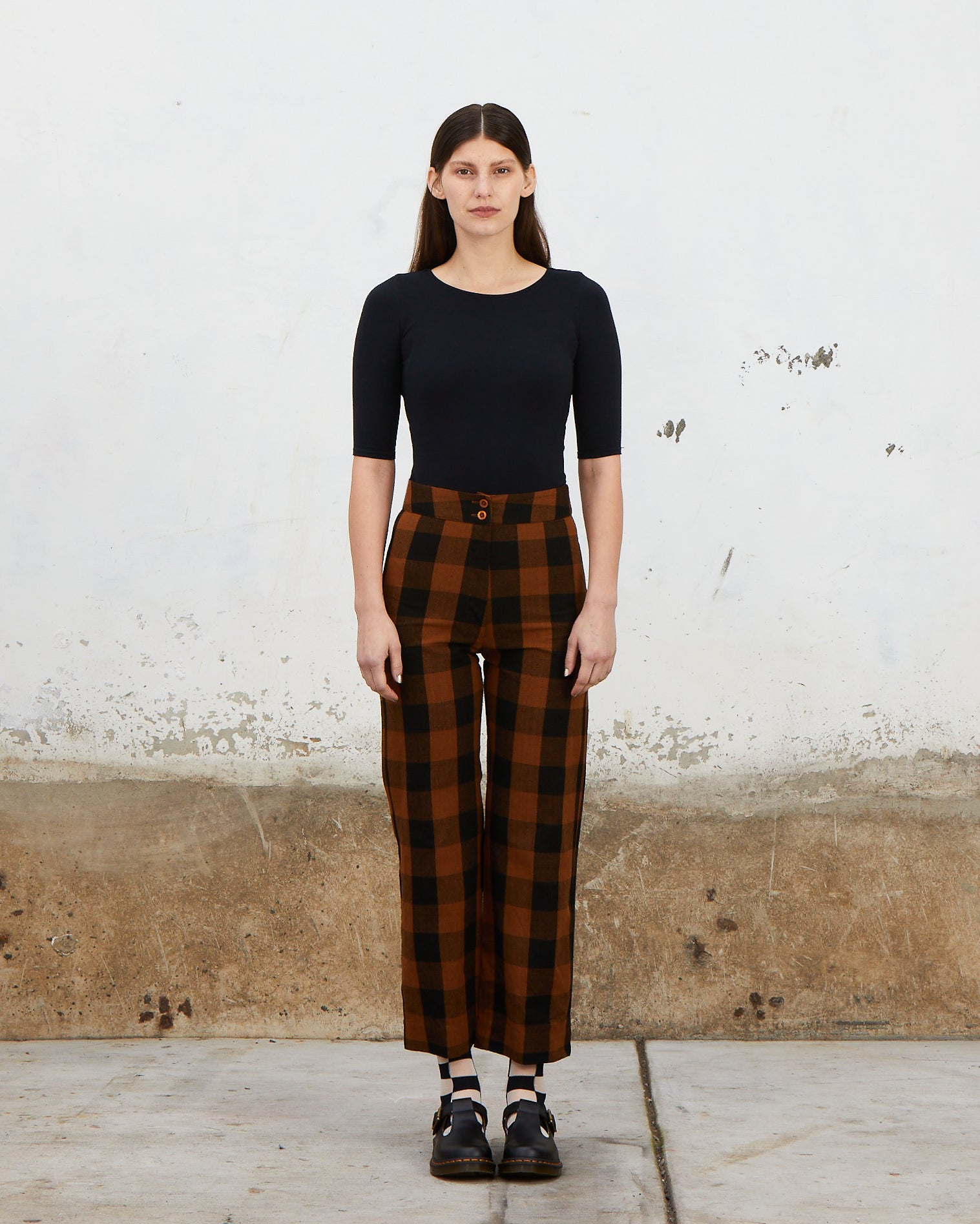 SILK FLY FRONT PANT W/ POCKETS - COPPER/BLACK PLAID