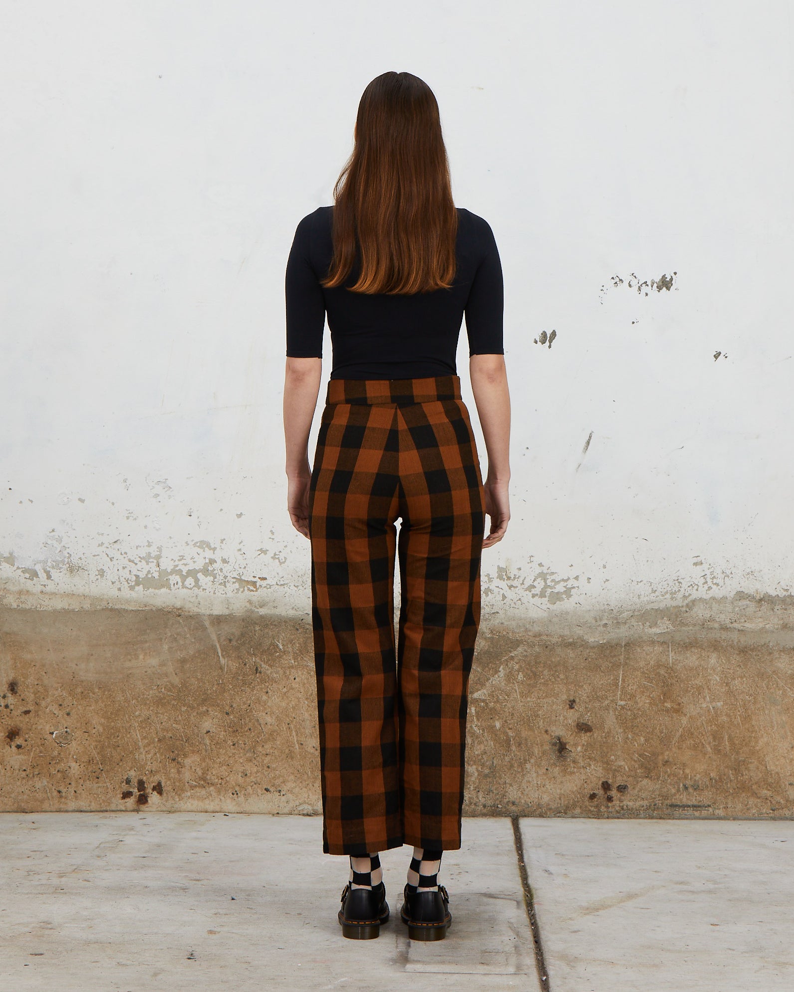 SILK FLY FRONT PANT W/ POCKETS - COPPER/BLACK PLAID