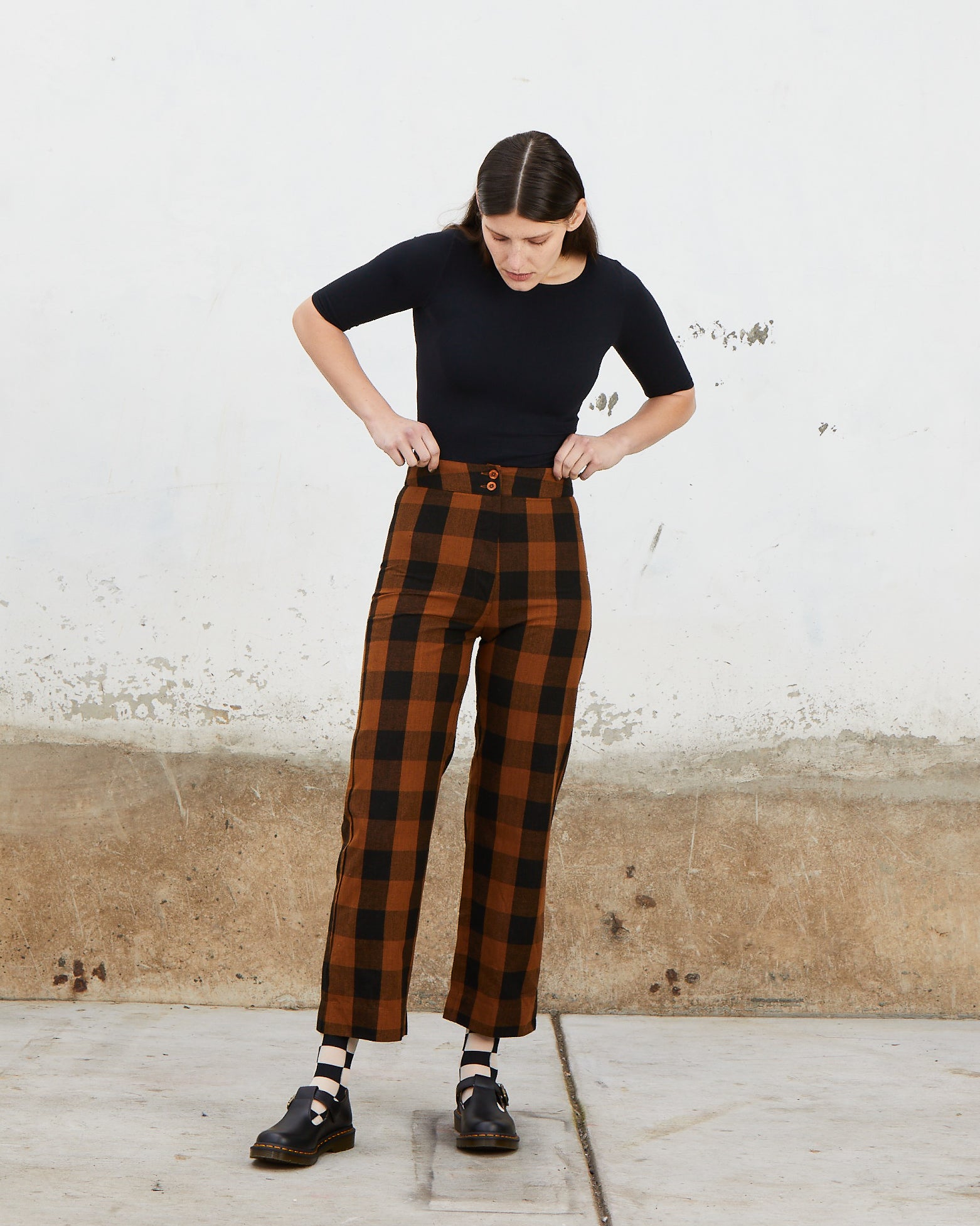 SILK FLY FRONT PANT W/ POCKETS - COPPER/BLACK PLAID