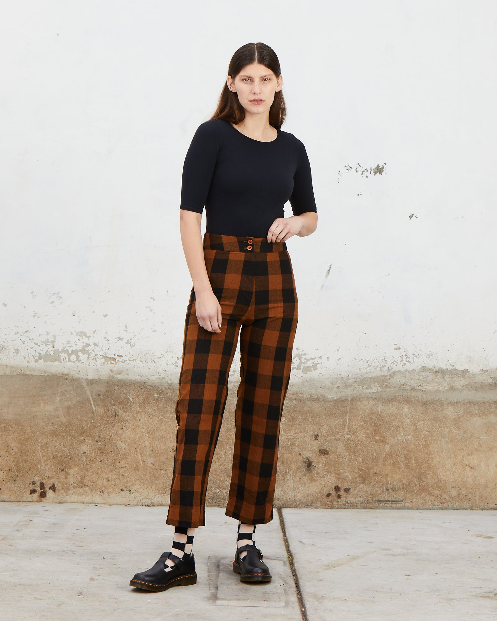 SILK FLY FRONT PANT W/ POCKETS - COPPER/BLACK PLAID