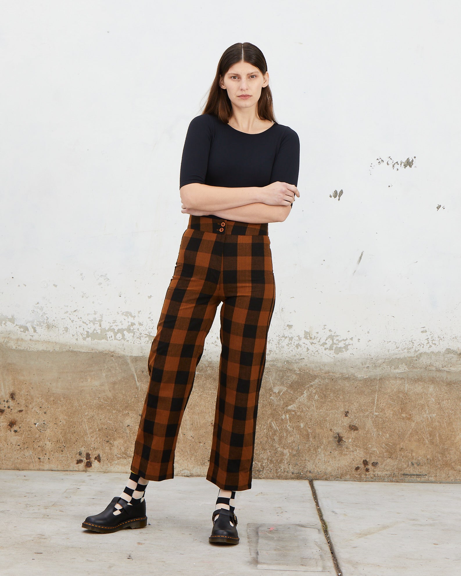 SILK FLY FRONT PANT W/ POCKETS - COPPER/BLACK PLAID