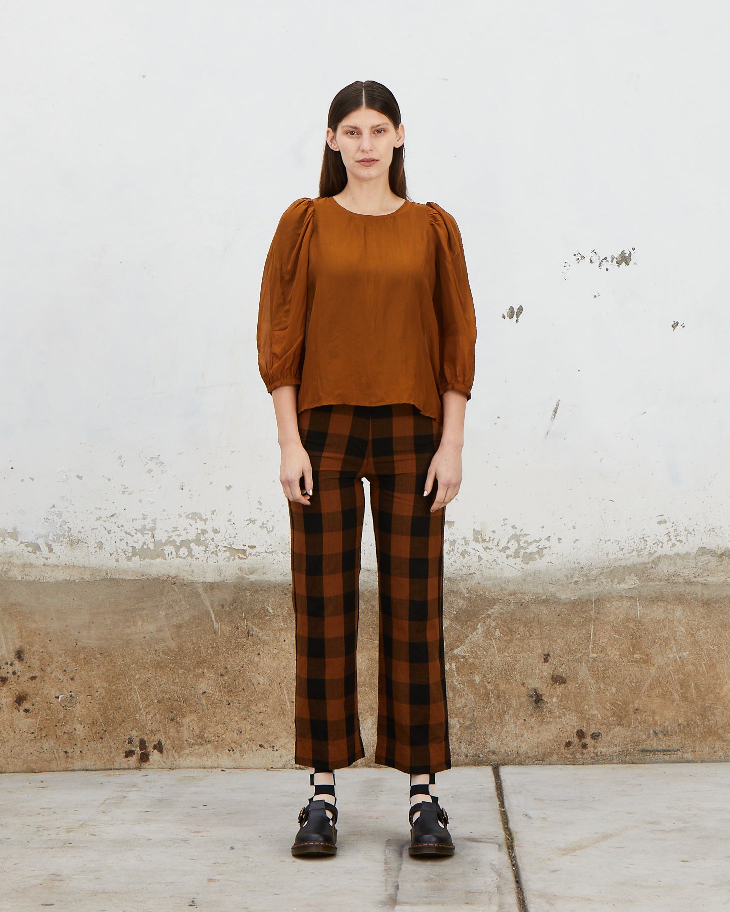 SILK FLY FRONT PANT W/ POCKETS - COPPER/BLACK PLAID