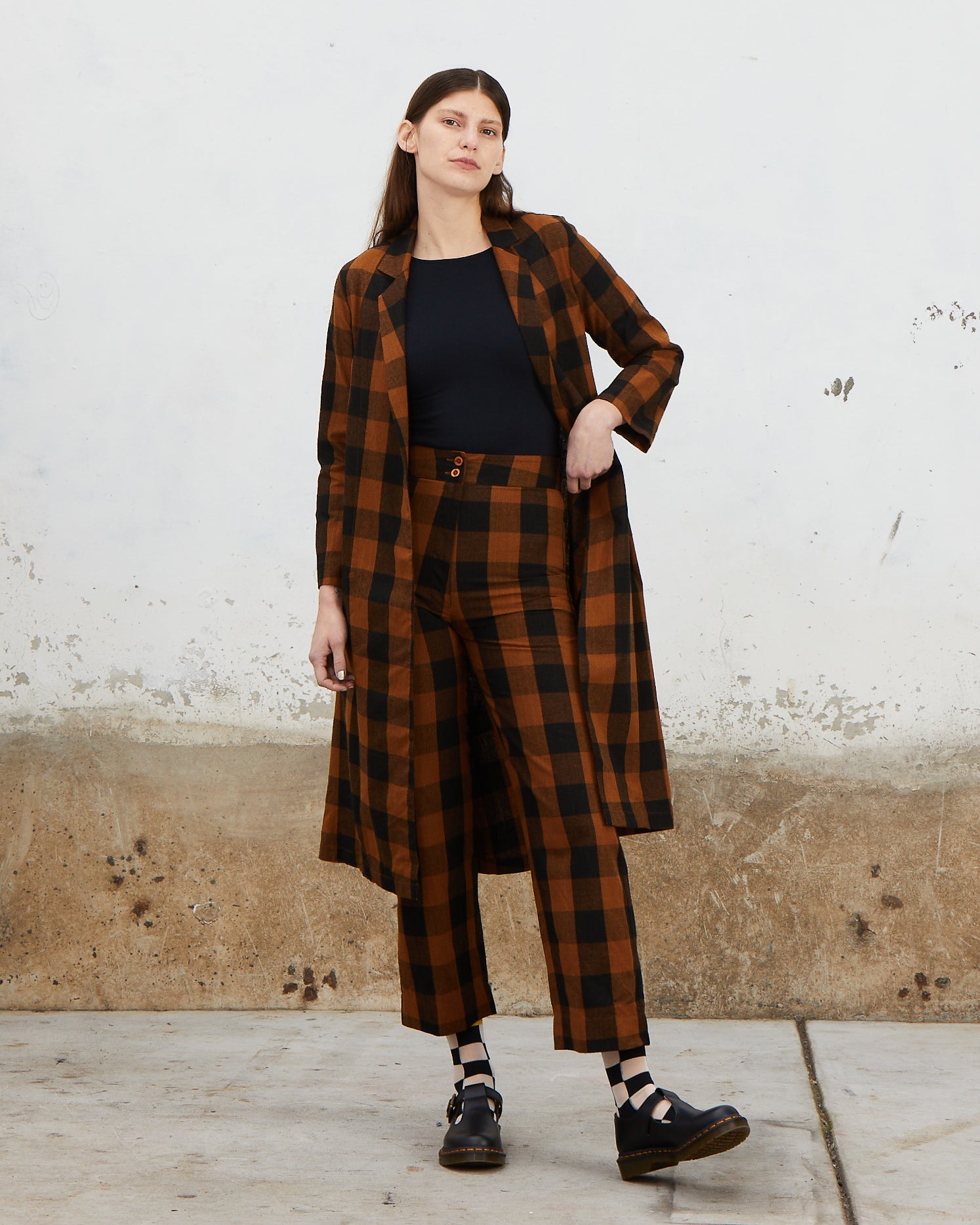 SILK FLY FRONT PANT W/ POCKETS - COPPER/BLACK PLAID