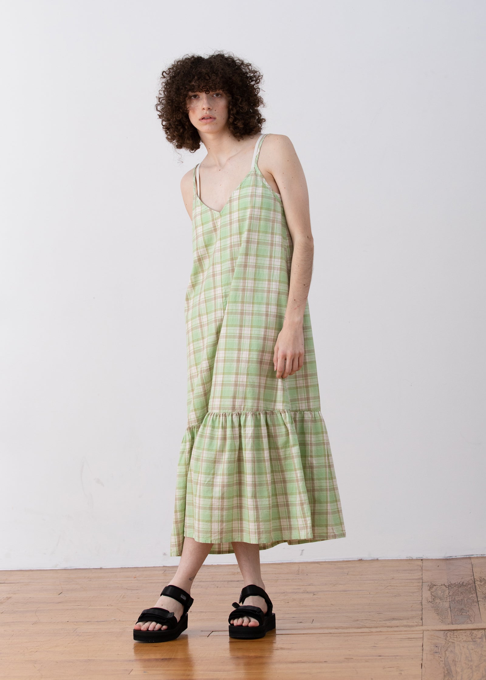 SAMPLE - SLIP DRESS W/ RUFFLE - LIME PLAID
