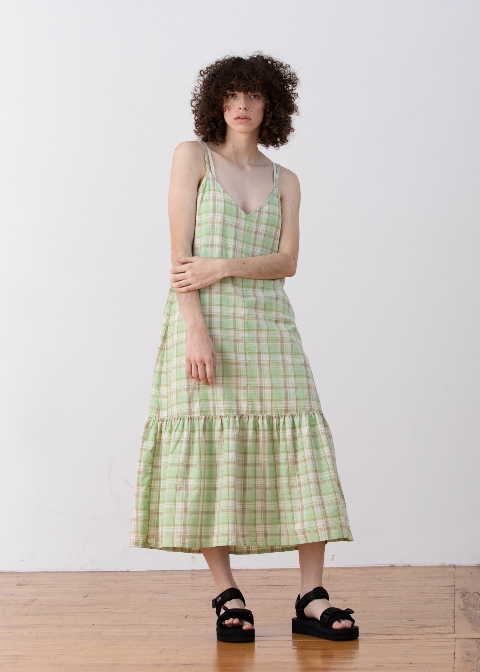 SLIP DRESS W/ RUFFLE - LIME PLAID