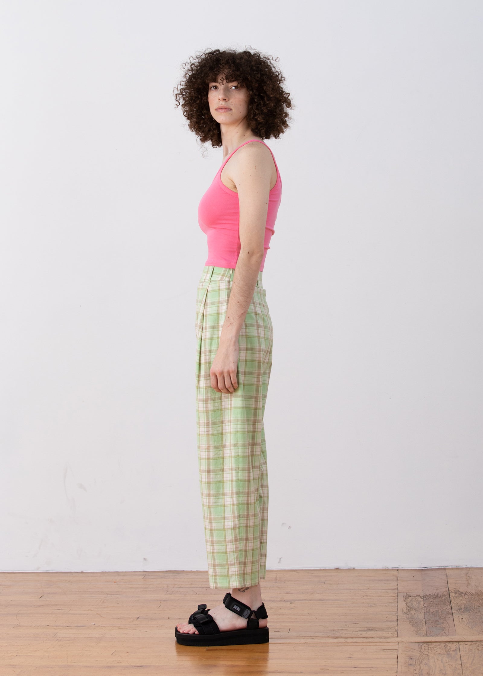 PLEATED PANT - LIME PLAID