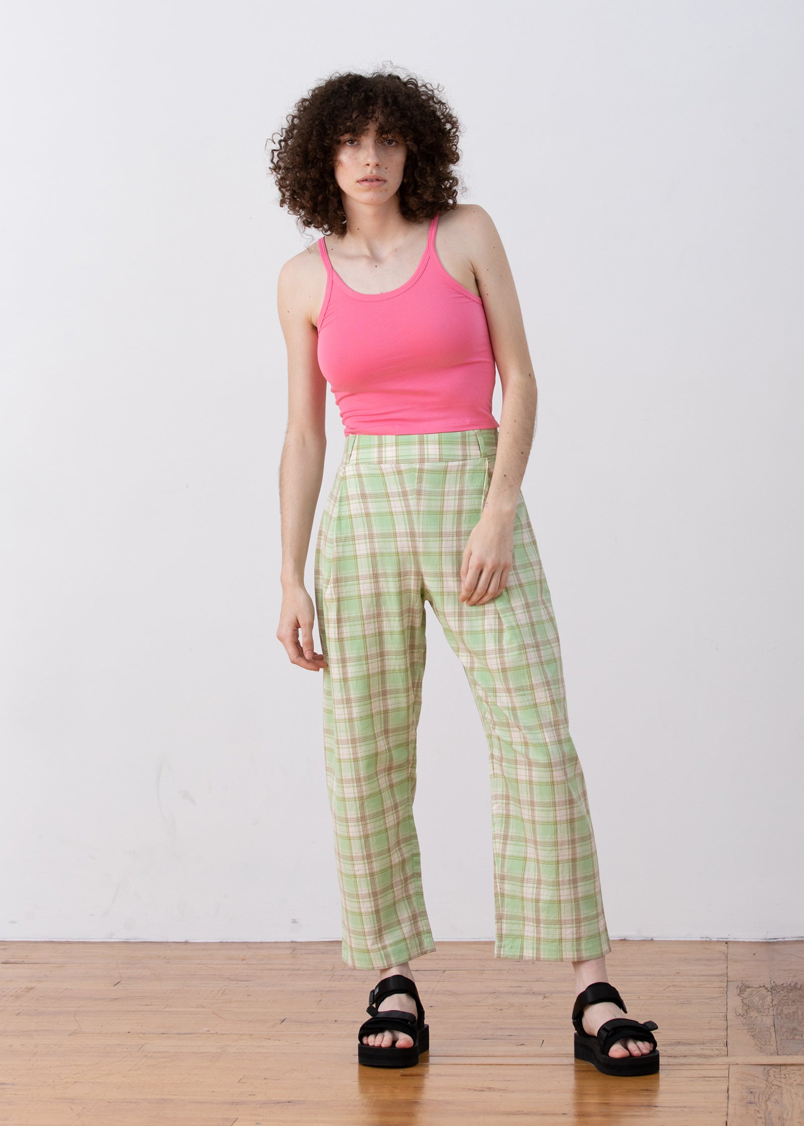 PLEATED PANT - LIME PLAID