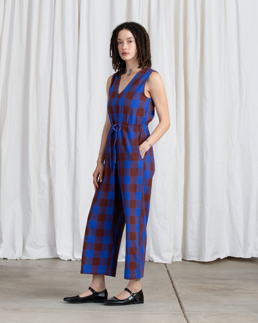 SILK SLIT-BACK JUMPER - RUST/COBALT PLAID