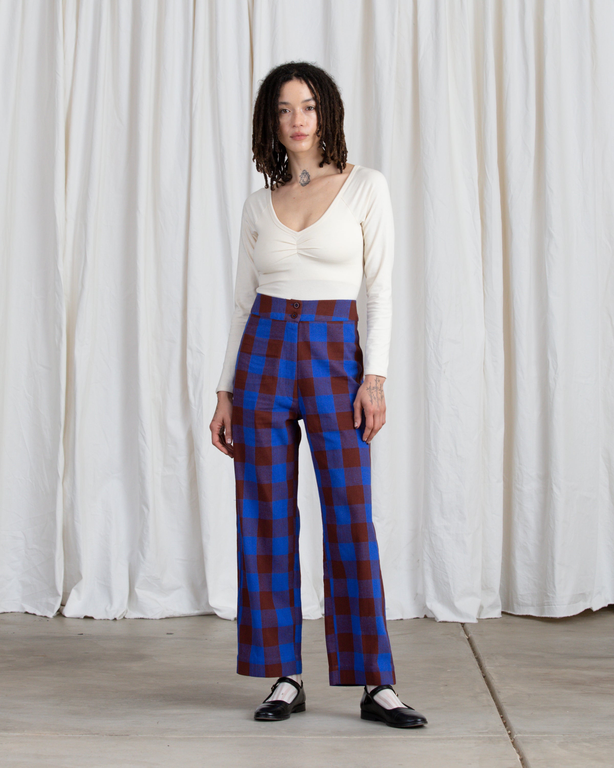 SILK FLY FRONT PANT W/ POCKETS - RUST/COBALT PLAID