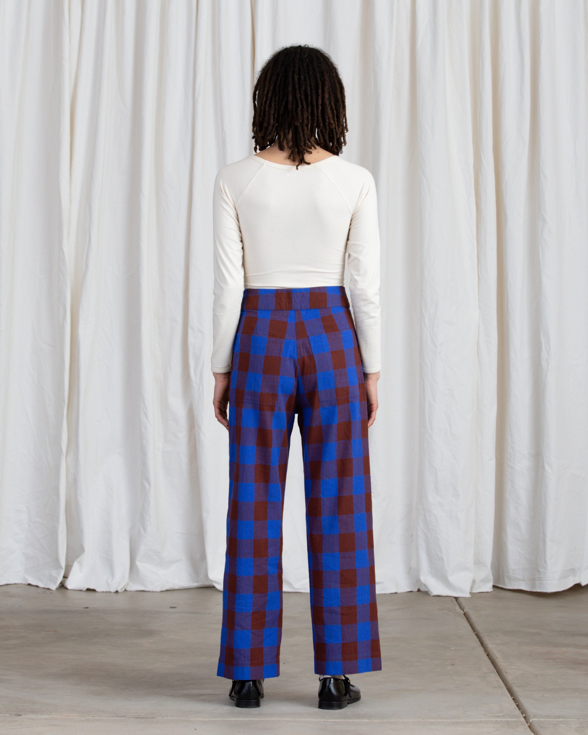 SILK FLY FRONT PANT W/ POCKETS - RUST/COBALT PLAID